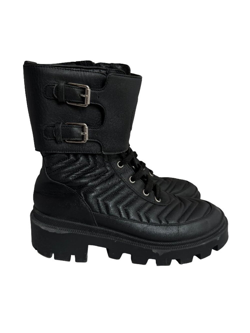 Gucci Black Quilted Chevron Leather Combat Boots Lug Sole Weather Size 7 Women's